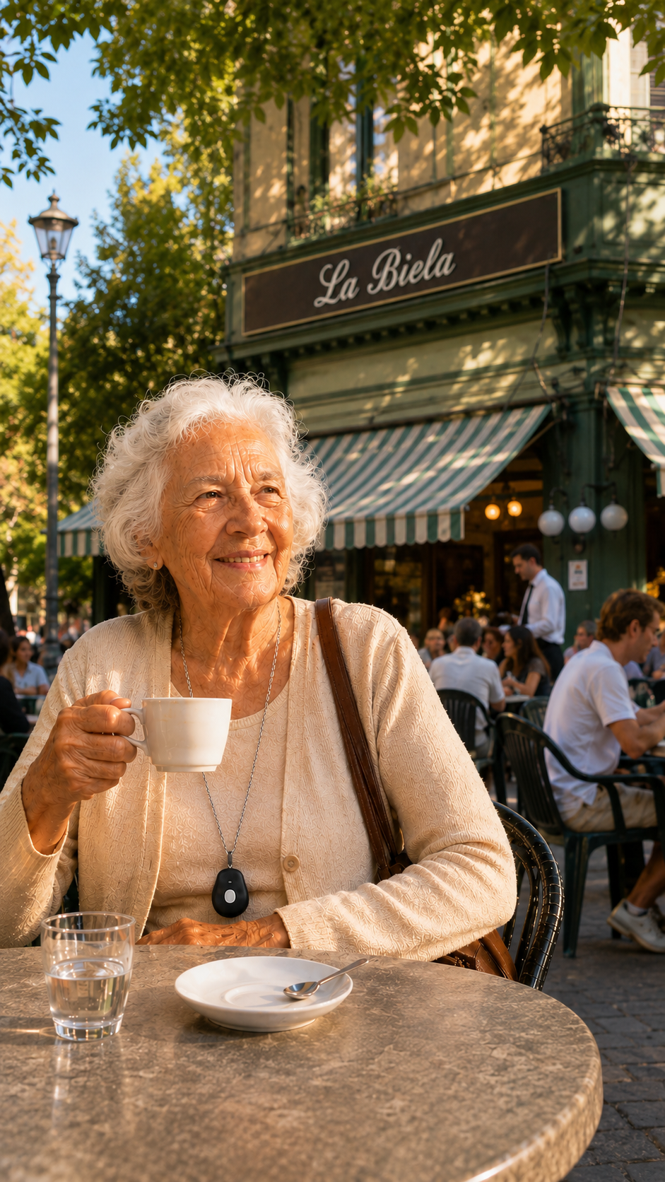 Adulta mayor tomando un café en la vereda con el botón SOS de TechFuture colgado al cuello